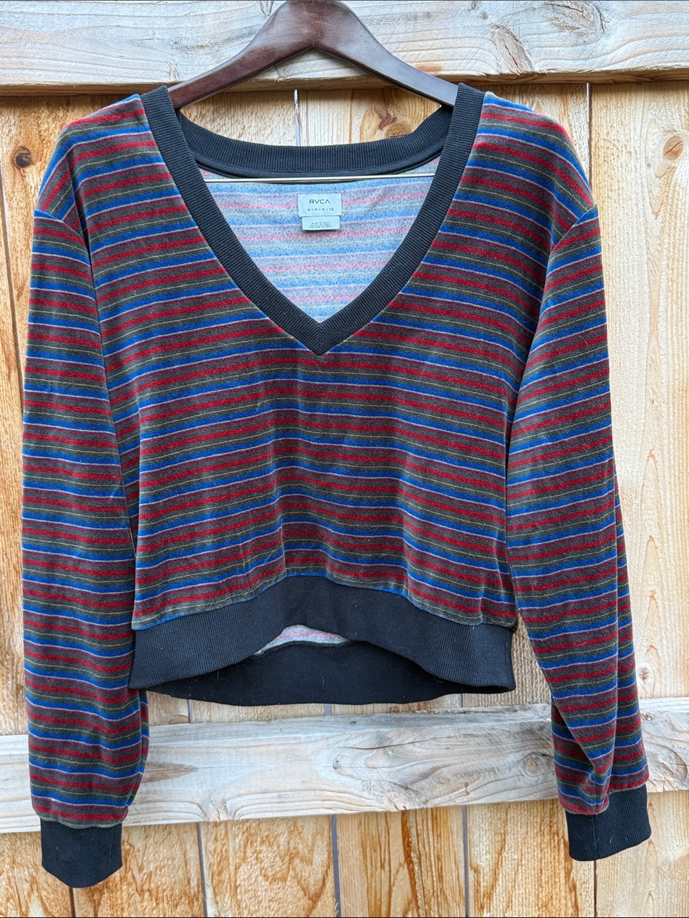 RVCA Striped V-Neck Cropped Sweater in Red, Blue, Green and Yellow